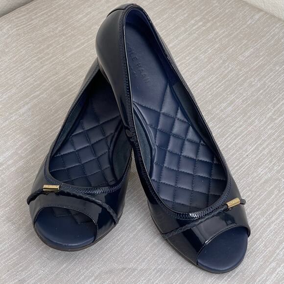 Cole Haan Tali Peep Toe Wedge Navy Patent Leather Bow Quilted Grand OS Women's 8 - Picture 1 of 13